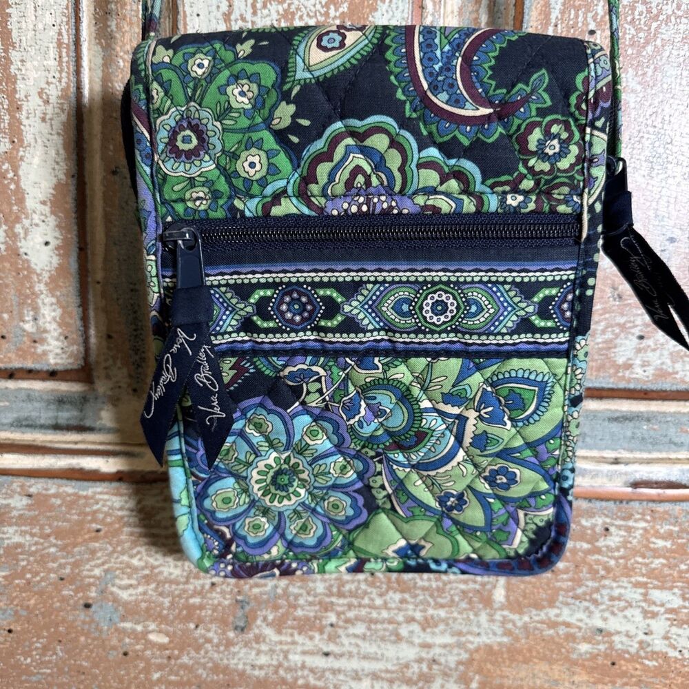 Quilted Mini Crossbody Name Brand Purse In Blues & Greens 6”X8” Outside Pockets